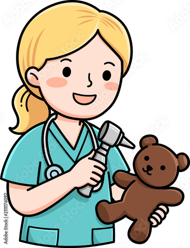 Child Doctor with Teddy Bear and Otoscope Pediatric Care Illustration