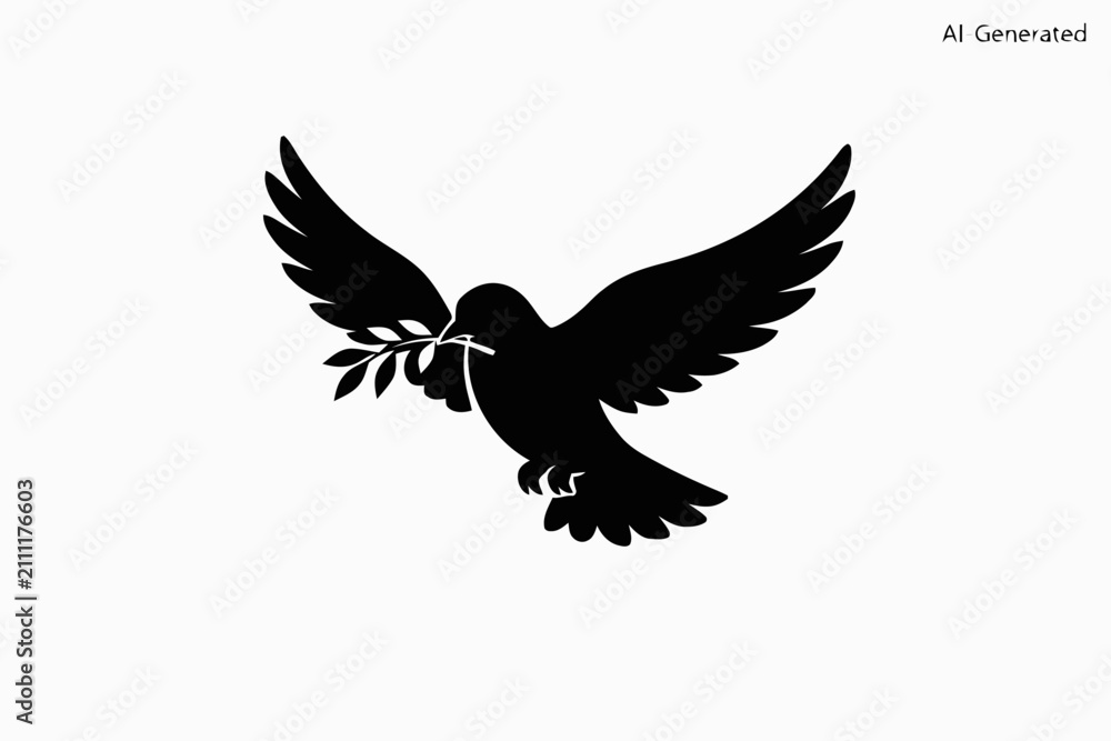 Fototapeta premium Dove silhouette carrying an olive branch represents a universal symbol of peace and hope against a clean, stark white background.