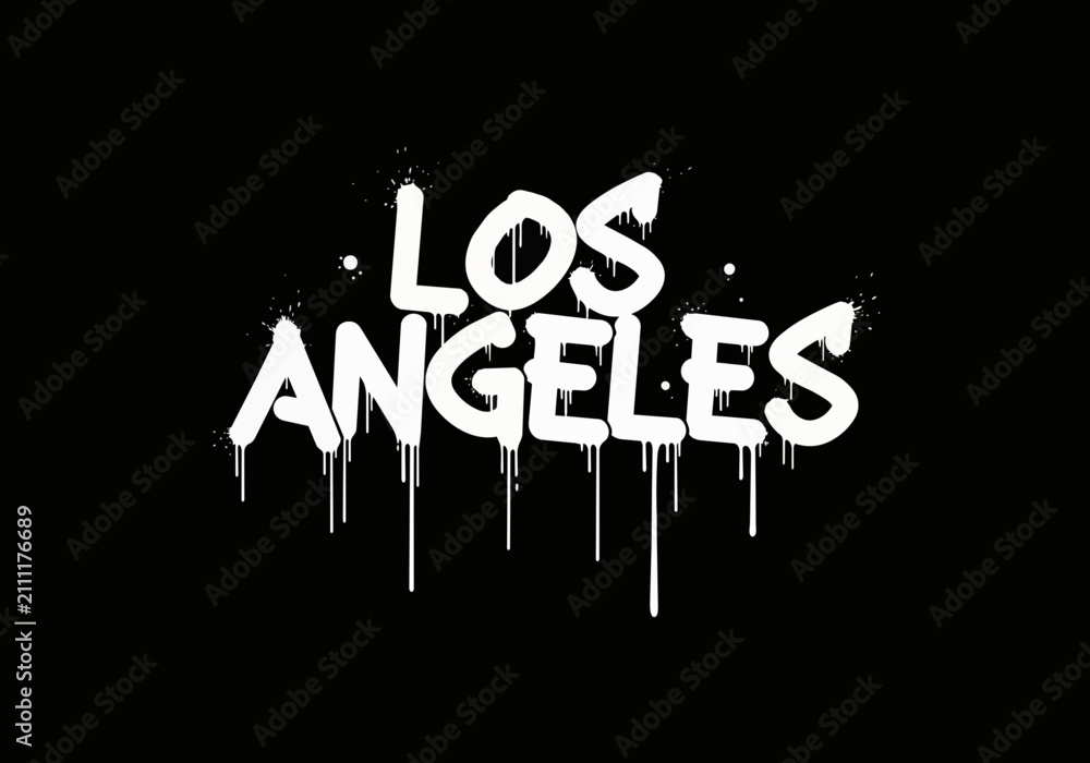 Fototapeta premium White graffiti 'Los Angeles' lettering with dripping paint effect, isolated on transparent alpha, concept for urban culture, travel branding and city promotion.