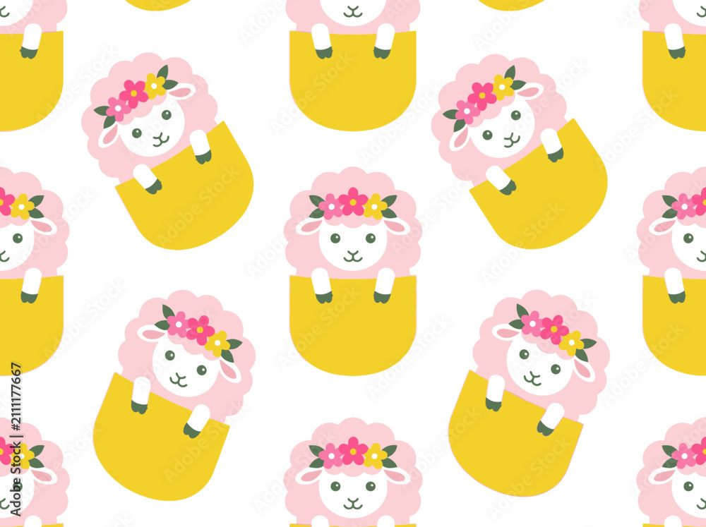 Fototapeta premium Cute Pink Sheep in Pocket Seamless Pattern