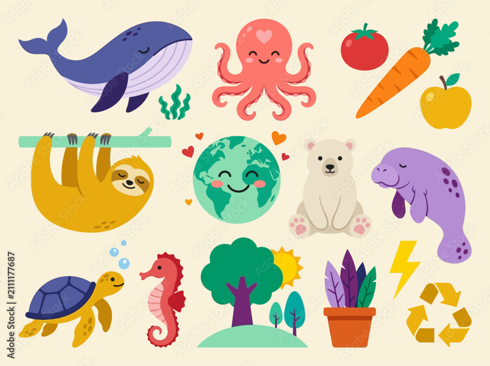 Fototapeta premium Cute Cartoon Animal and Nature Icon Set for Eco-Sustainability and Education