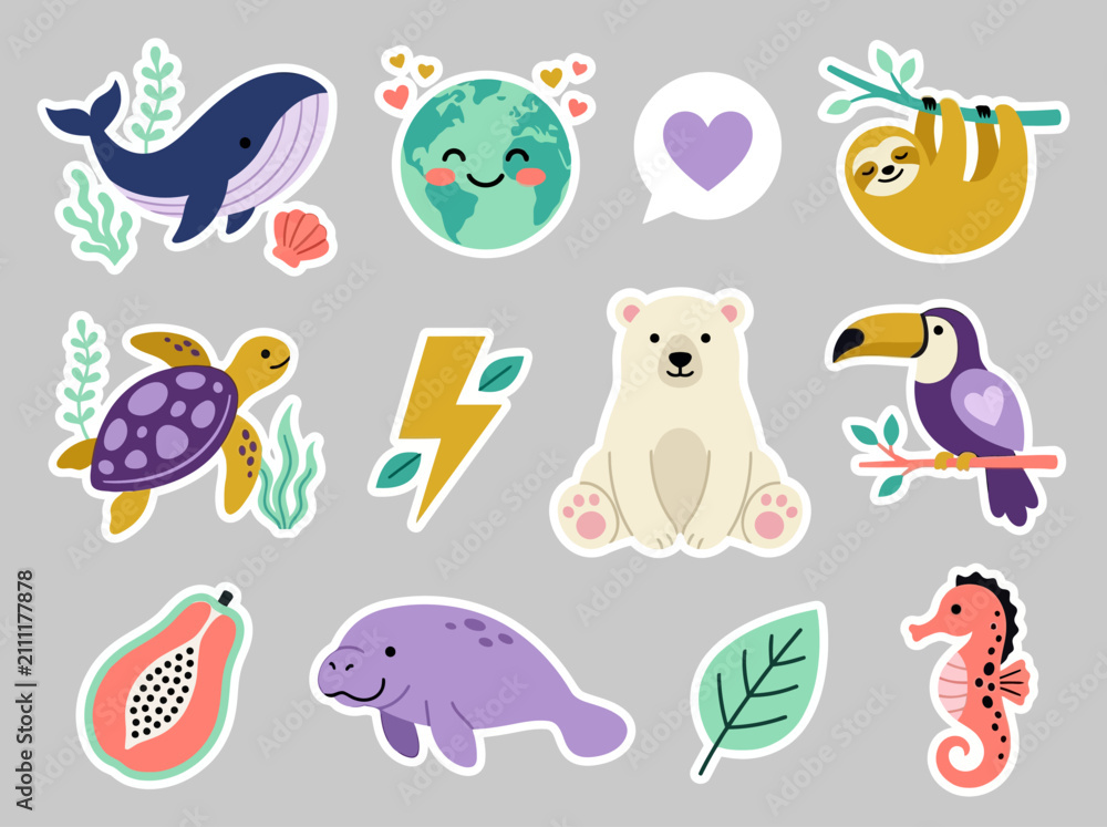 Fototapeta premium Cute Nature and Wildlife Sticker Set for Environmental Conservation and Ecology Themes