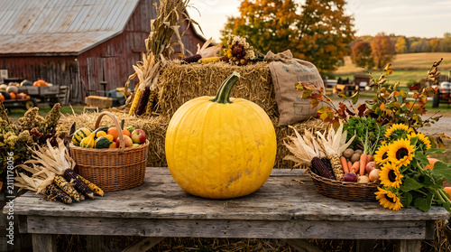 Autumn Still Life with Orange Pumpkins, Harvest Flowers and Fall Leaves for Thanksgiving and Halloween Seasonal Decoration