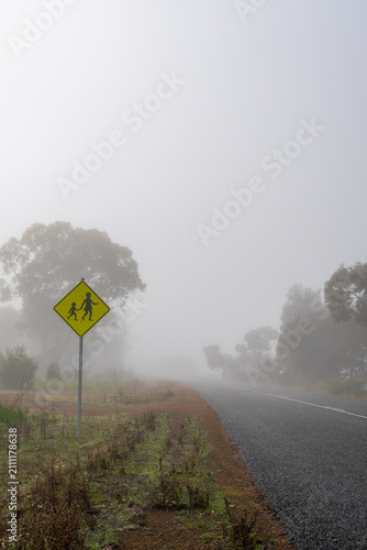 A children crossing sign beside a rural road on a foggy morning, with low visibility and trees fading into mist.