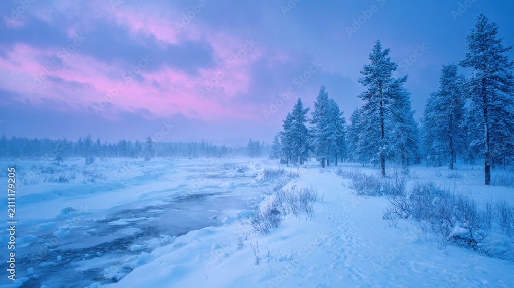 Obraz premium editorial wide-angle photograph of a winter in the snow, with taiga in the background, snowfall, at dusk under a blue and pink sky