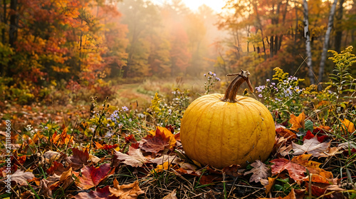 Orange Pumpkins Resting on Green Grass in an Autumn Harvest Field with Fallen Leaves for Halloween and Thanksgiving Season