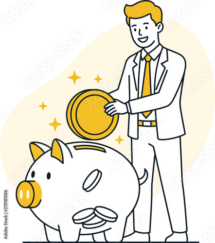 Businessman saving money in piggy bank. Financial investment concept. Wealth management illustration. Man in suit putting gold coin in bank. Savings, retirement planning, budget, banking, finance vect