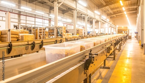 Automated Production Line in a Modern Factory with Conveyor Belts and Raw Materials