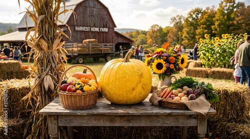 Orange Pumpkins on Hay Bales with Autumn Leaves for Halloween Thanksgiving Harvest and Fall Seasonal Decoration