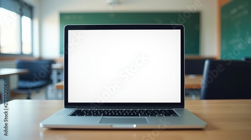 Laptop con la pantalla en blanco en la estación de trabajo de un profesor, en un aula moderna