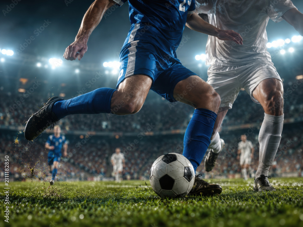 Fototapeta premium Intense Soccer Match: Players Compete for Ball Control on Vibrant Green Field Under Bright Stadium Lights with focus on duel competing.
