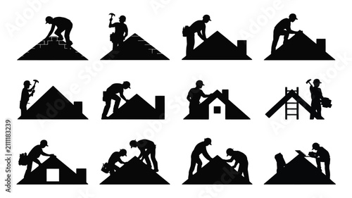 Roofing workers in various positions on house rooftops with tools with black silhouettes construction workers rooftops hard hat renovation building laborer roofer repair hammer icon