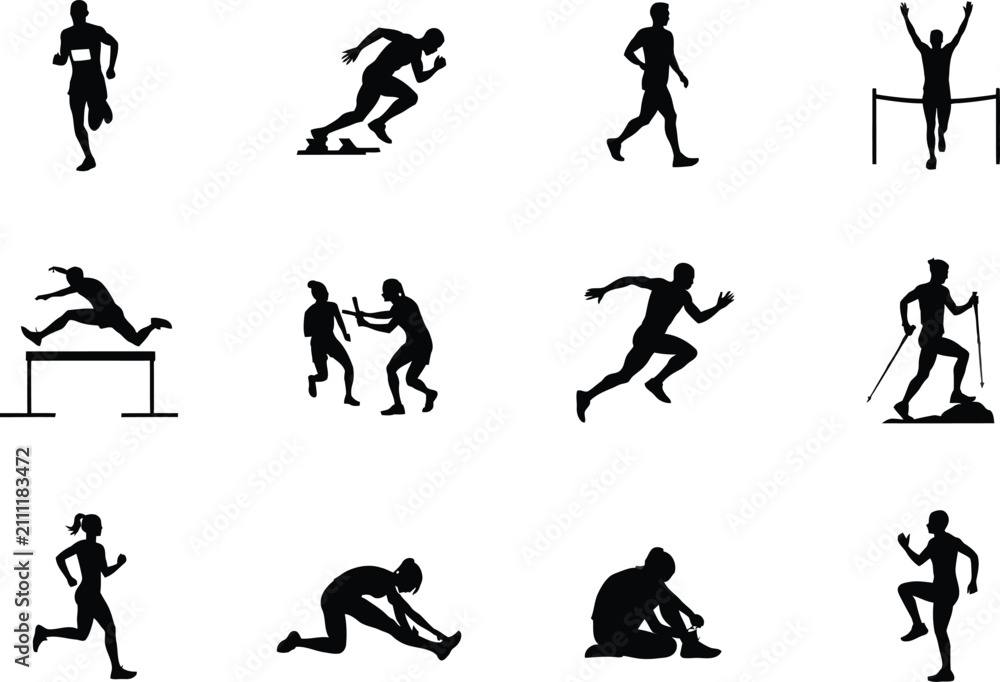 Obraz premium Athletics Sports Vector Collection with Running Sprinting Hurdles Hiking Stretching and Fitness Activities