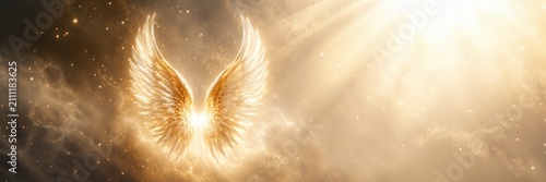 Golden angel wings in bright heavenly light for spiritual memorial background