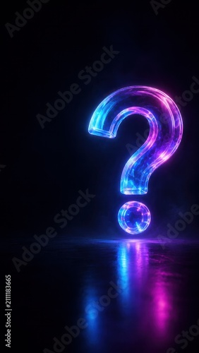 Glowing neon question mark reflected on a dark floor for uncertainty and inquiry concept with copy space