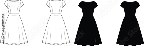 Foto Short sleeve flared midi dress with fitted waistline front and back silhouette a