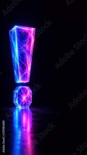 Glowing neon exclamation mark reflected on a dark floor for warning and attention concept with copy space