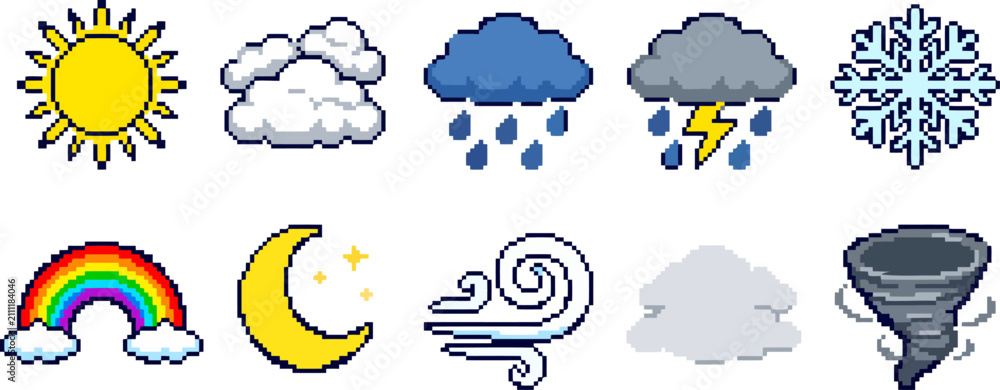 Obraz premium Set of pixel art weather icons including sun, clouds, rain, thunderstorm, snow, rainbow, moon, wind, fog, and tornado