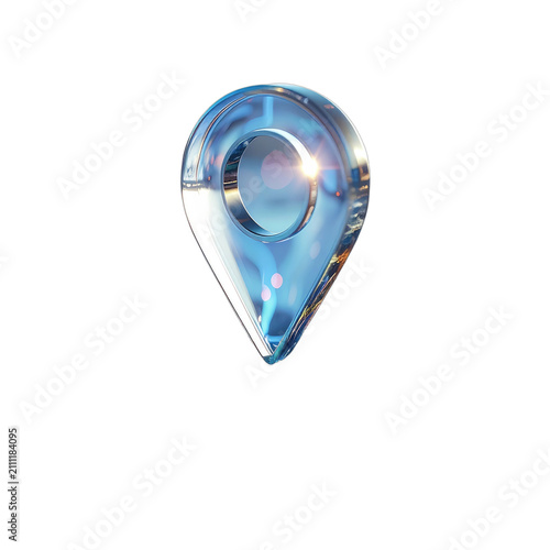 A luminous, transparent, blue glass map pin icon floats against a black background.