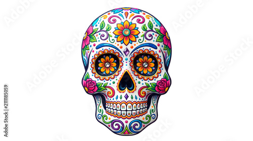 Colorful sugar skull for Day of the Dead celebration. Vibrant Mexican folk art calavera with floral and geometric patterns.