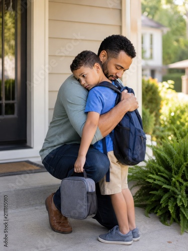 Father hugs nervous son before leaving for first school day
