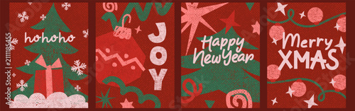Christmas, New Year retro holiday cards set. Season's greetings. Christmas tree, bauble, stars, gift, garland. Vintage paper cut style.