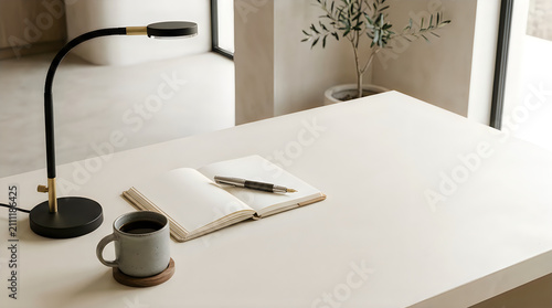 Desk lamp illuminates an open notebook and a ceramic coffee mug on a clean white tabletop surface.