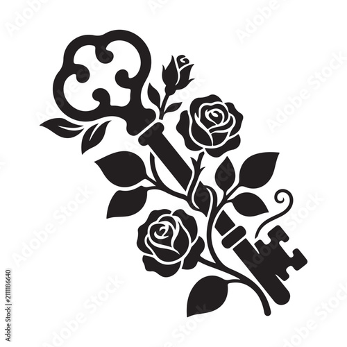 Vintage key with blooming roses and decorative leaves silhouette design for elegant creative art work.