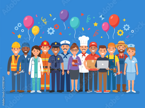 Workers from various industries celebrate success with colorful balloons and floating confetti against a solid blue background.