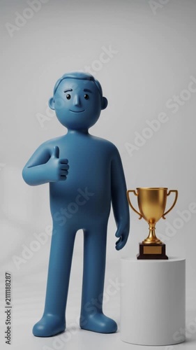 Minimalist 3D Blue Male Character Giving Thumbs Up Beside Gold Trophy on White Podium, Business Success Concept