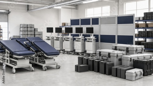 Medical equipment setup in a warehouse with tables, monitors, and storage boxes