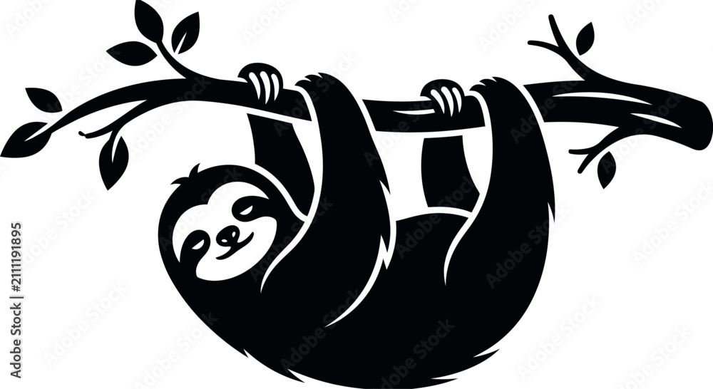 Fototapeta premium Cute sloth hanging from branch silhouette vector icon isolated on white background