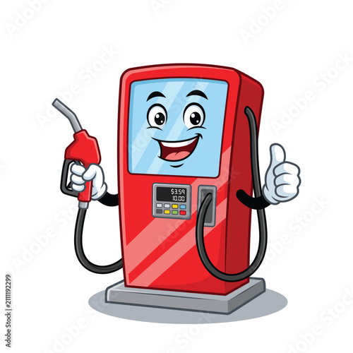 Cute Cartoon Gas Pump Character with Fuel Nozzle and Smiling Face Vector Illustration