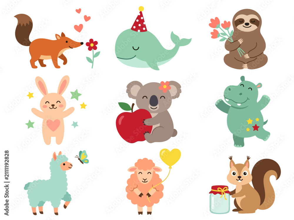 Fototapeta premium Set of Cute Cartoon Animal Illustrations for Kids Nursery and Stickers