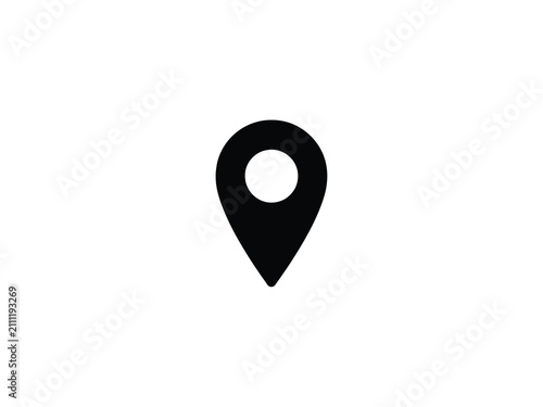 Location marker icon a black teardrop shape with a central circle on a white background pin point spot
