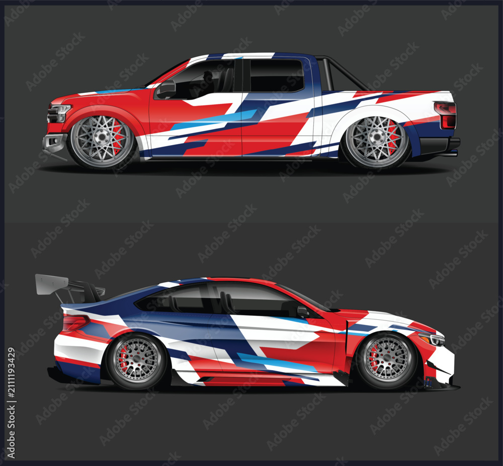 Fototapeta premium Dynamic Red, White, and Blue Car Wrap Design