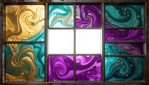 Abstract stained glass inspired background with iridescent fluid acrylic replacing traditional glass panels, glowing with luminous gold, teal, and purple tones in mesmerizing detail.