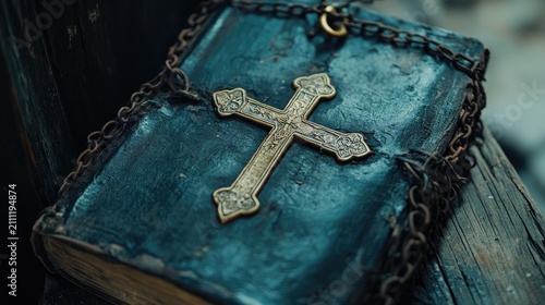 Antique bible with ornate metal cross on cover.