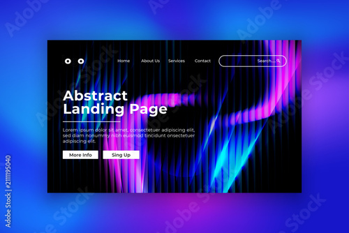 Abstract Wavy Neon Website Landing Page Template with Purple Blue Gradient, Modern Dark UI Landing Page Mockup with Colorful Light Wave Design