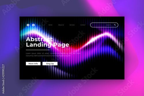 Abstract Wavy Neon Website Landing Page Template with Purple Blue Gradient, Modern Dark UI Landing Page Mockup with Colorful Light Wave Design