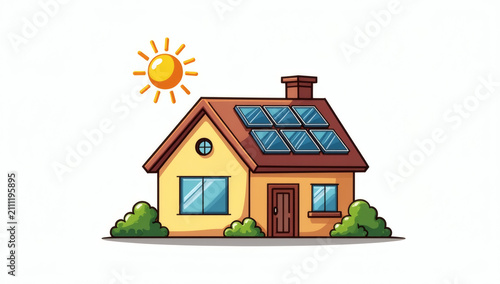 Sustainable eco friendly home with roof solar panels and bright sun illustration for green energy living concepts