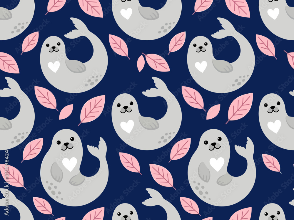 Obraz premium Seamless Pattern with Cute Cartoon Seals and Pink Leaves on Navy Blue Background