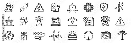 Bild auf Leinwand Electricity icons set representing power generation, energy supply, electrical systems, voltage, circuits, charging, lighting and industrial electric infrastructure