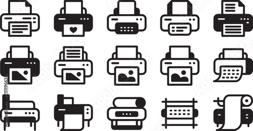 Foto Collection of various printer icons with different features and styles isolated
