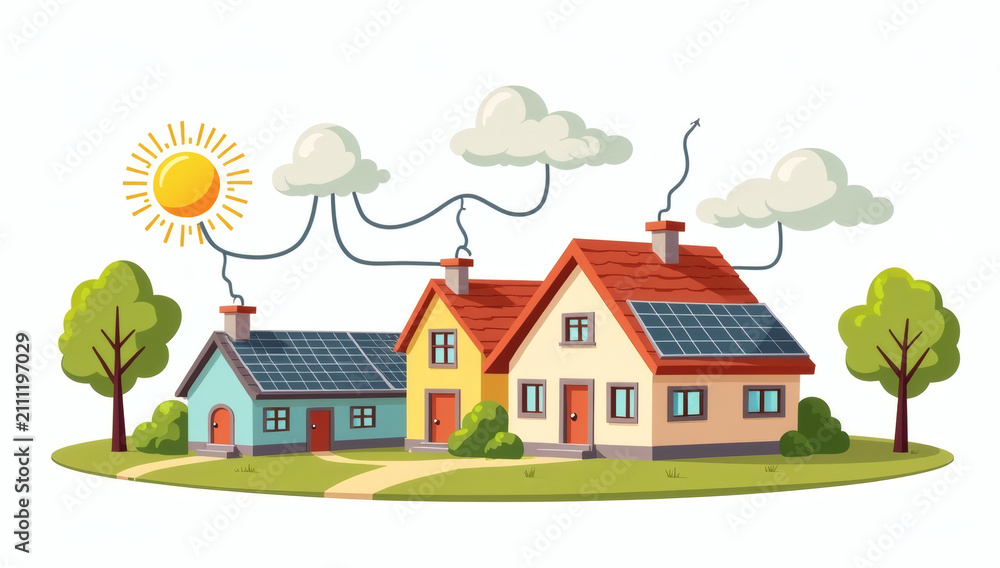 Naklejka premium Sustainable living Houses powered by solar energy with the sun providing clean power to homes via solar panels