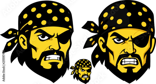 Pirate mascot vector head, angry buccaneer with eye patch and bandana, yellow and black sea captain character for sports team logo and gaming