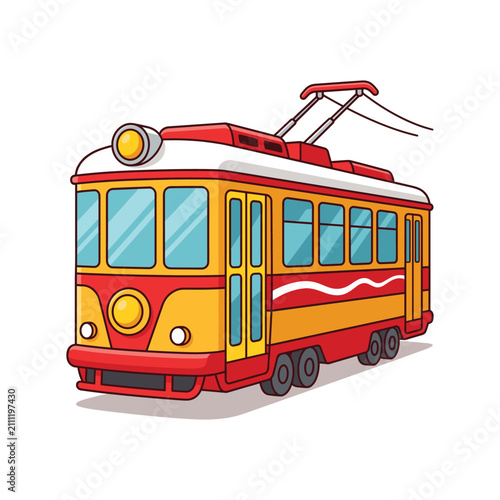 Vintage Red Yellow Tram Streetcar Cartoon Vector Illustration for Public Transportation Design