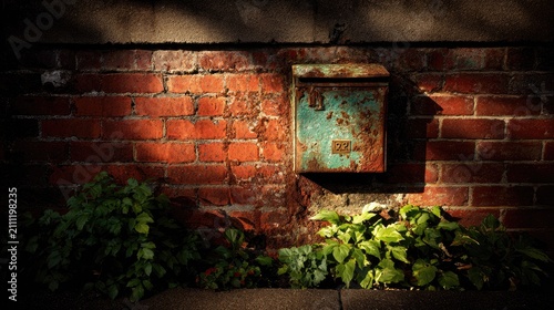 Antique mailbox on weathered red brick wall