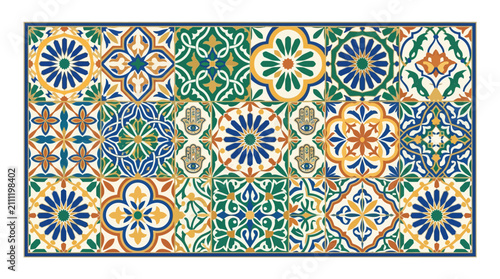 Vibrant Moroccan Tiles Pattern: Geometric, Floral, Hamsa Hand - Colorful Decor