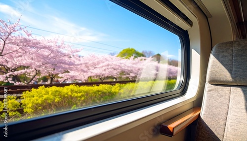 Obraz na płótnie 鉄道で行くお花見旅：車窓いっぱいに広がる鮮やかなピンクの桜と開放的な車内